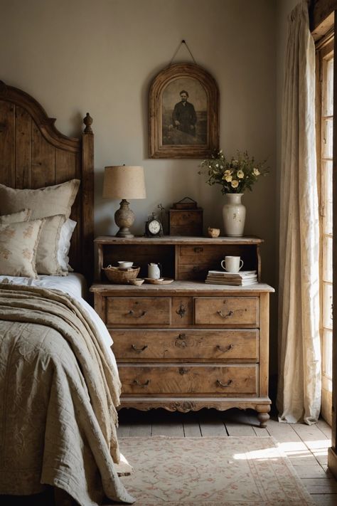 Country Style Aesthetic, Calm Master Bedrooms Cozy, Country Room Aesthetic, Bedroom With Wooden Bed, Cottage Bedroom Aesthetic, Cottage Dresser, Rustic Chic Bedroom, Cottagecore Bedroom Ideas, Main Bedroom Ideas