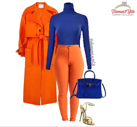 Orange Classy Outfits, Blue And Orange Outfit Black Women, Royal Blue Jeans Outfit, Orange And Blue Outfit, Royal Blue Turtleneck, Orange Trench Coat, Blue Turtleneck, Color Combos Outfit, Blue Jean Outfits