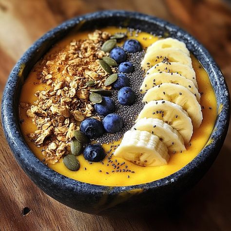 🌟 Start your day with a vibrant Golden Turmeric Smoothie Bowl! Packed with nutrients and flavor! 🥭 #SmoothieBowl #HealthyBreakfast Golden Turmeric Smoothie Bowl Ingredients: Frozen mango (1 cup) Banana (1, ripe) Coconut milk (1 cup) Turmeric powder (1 tsp) Honey (1 tbsp) Chia seeds (1 tbsp, for topping) Granola (1/4 cup, for topping) Fresh fruit (for topping) Instructions: Blend mango, banana, coconut milk, turmeric, and honey until smooth. Pour into a bowl and top with chia seeds, granol... Mango Banana Smoothie Bowl, Smoothie Bowl Ingredients, Bowl Ingredients, Mango Smoothie Bowl, Mango Banana Smoothie, Banana Smoothie Bowl, Turmeric Smoothie, Turmeric And Honey, Frozen Mango