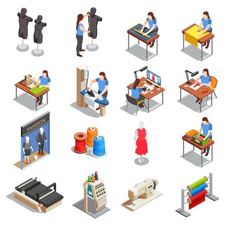 Sewing factory isometric icons set | Free Vector #Freepik #freevector #dressmaker #garment-factory #tailoring #seamstress Garment Factory Design, Isometric Elements, Botique Interiors, Isometric Icons, Factory Interior, Sewing Factory, Drawing Software, Free Icon Set, Sewing Room Design