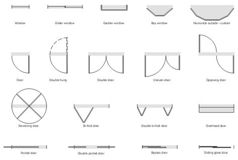 Double Hung Door, Pocket Door Floor Plan, Sliding Door Floor Plan, Door Floor Plan, Bypass Sliding Doors, Window Casement, Floor Plan Symbols, Architecture Symbols, Windows Design