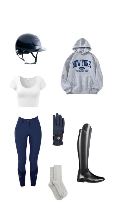 navy riding helmet, white top, navy riding breeches and riding boots. Equestrian Outfits Summer, Horse Riding Outfit Summer, Cute Riding Outfits, Horse Riding Outfit Women, Horseback Riding Aesthetic, Horseback Riding Outfit, Riding Outfit Equestrian, Equestrian Style Outfit, English Riding Outfit