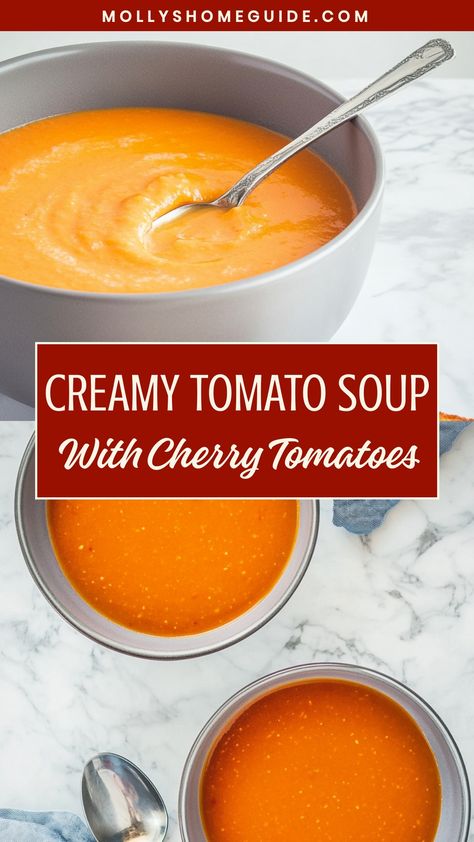 Warm up with a comforting bowl of tomato soup featuring sweet cherry tomatoes. This recipe is perfect for chilly days and can be made easily in your own kitchen. The burst of flavors from the fresh cherry tomatoes will make this soup a family favorite in no time. Try pairing it with some crusty bread or a grilled cheese sandwich for a delicious meal that will leave you feeling satisfied and cozy. Grape Tomato Soup Recipes, Tomato Soup With Cherry Tomatoes, Things To Do With Cherry Tomatoes, Fresh Tomato Soup Recipes, Homemade Tomato Soup With Fresh Tomatoes, Canned Cherry Tomatoes Recipes, Cherry Tomatoes Recipes, Cherry Tomato Soup, Tomato Soup With Fresh Tomatoes