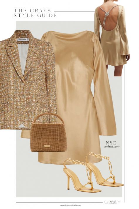 Gold NYE Outfit, gold outfit, gold dress, blazer outfit, golden dress, cocktail dresz, wedding guest dress Casual Gold Outfit, Cream And Gold Outfit, Gold Nye Outfit, Gold Party Dress Outfit, Gold Wedding Guest Outfit, Gold Blazer Outfit, Gold Outfit Party, Gold Christmas Outfit, Golden Birthday Outfit Women