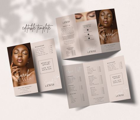 Minimalist Trifold Brochure Template, Editable Beauty Salon Price List, Printable Spa Pamphlet Price List Medspa Menu Of Services, Salon Leaflet Design, Price List Esthetician, Make Up Price List Design, Spa Brochure Design Inspiration, Flyer Design Beauty Salon, Brochure Design Minimalist, Beauty Menu Design, Beauty Salon Branding Design