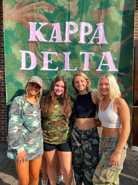 #sorority #kappadelta #knoxville #tennessee #vols #gogreek #workweek #theme #camo #camocargopantsoutfit #inspofashion Camo Sorority Theme, Sorority Theme Outfits, Camp Sorority Theme, Semi Formal Themes, Camo Cargo Pants Outfit, Sorority Work Week, Sorority Rush Themes, Sorority Themes, Sorority Banner