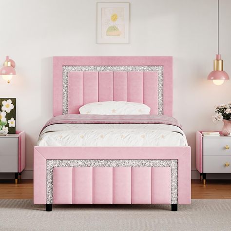 PRICES MAY VARY. Elegant Diamond Headboard and Footboard: An inverted U-shaped diamond-encrusted headboard and footboard of the twin bed frame are designed to echo and sparkle, and when resting, they seem to lie under the Milky Way and look up at the stars Soft Velvet: Wrapped in luxurious soft pink velvet of the upholstered bed frame combined with crisp vertical lines, smooth touch & elegant headboard set elevated tone for your bedroom comfort Fit Many Mattress: The twin size bed frames is equi Soft Bed Frame, Pink Upholstered Bed, Bed Frame Pink, Pink Twin Bed, Channel Tufted Headboard, Tufted Bed Frame, Diamond Tufted Headboard, Velvet Bed Frame, Twin Size Bed Frame