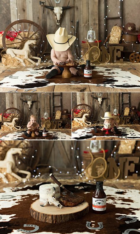 Wild West Cake Smash, My 1st Rodeo Photoshoot, Western Half Birthday, Cowboy Cake Smash Photography, Rodeo Cake Smash Photo, Country First Birthday Pictures, Cowboy Theme Cake Smash, My Forst Rodeo Boy Birthday, Steak Themed Birthday Party