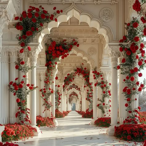 Palace Like House, Roses Art Aesthetic, Red Palace Aesthetic, Red Place Aesthetic, Red Rose Garden Aesthetic, Red Rose Decorations, Rise Of Red, Room Full Of Roses, Rose Garden Aesthetic