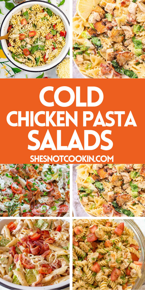 Photo collage of cold chicken pasta salads. Cold Pasta For Lunch, Cold Chicken Dinner Ideas, Cold On The Go Lunches, Cold Lunch Pasta Salads, Chicken Pasta Recipes Cold, Cold Dinner Recipes For Hot Days, Dinner Pasta Salad Recipes, Pasta Salads With Meat, Lunch For Hot Days