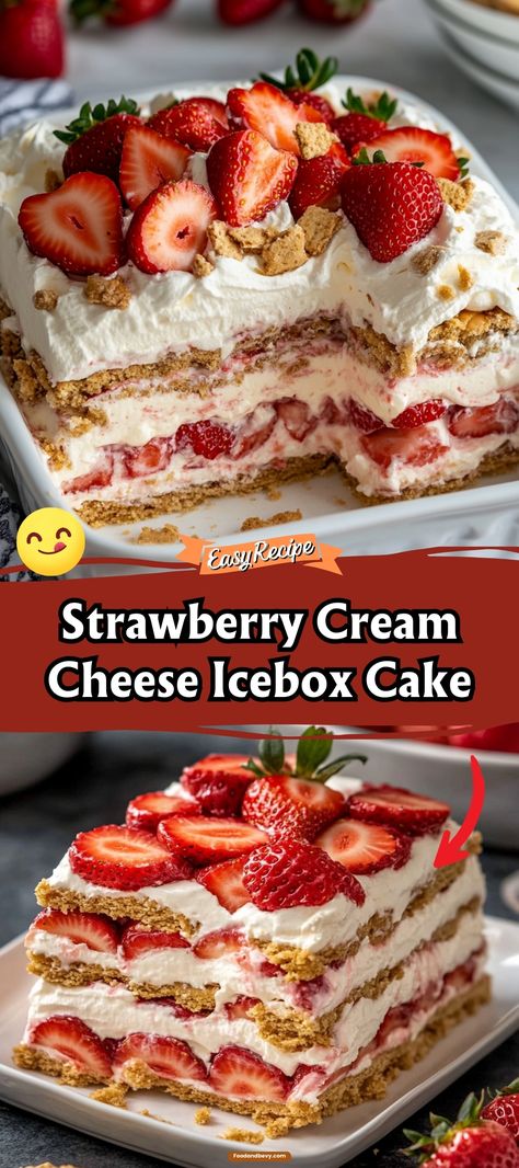 Indulge in the sweet simplicity of Strawberry Cream Cheese Icebox Cake, an easy no-bake dessert layered with graham crackers, cream cheese filling, and fresh strawberries. This cool, creamy cake is a delightful treat for warm weather or whenever you need a quick and delicious dessert. #IceboxCake #StrawberryDessert #NoBakeTreats Strawberry Jello Sour Cream Dessert, Graham Cracker Icebox Cake, Strawberry Delight No Bake Dessert, Strawberry Graham Cracker Dessert, Quick Cream Cheese Desserts, No Bake Strawberry Delight, Strawberry Cream Cheese Icebox Cake, Cream Cheese Icebox Cake, Strawberries Cream Cheese