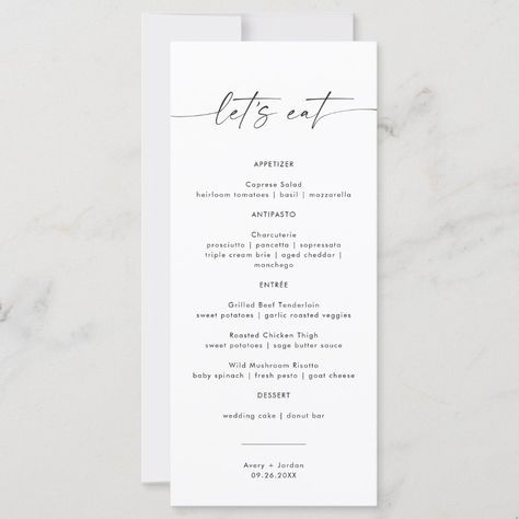 Minimalist Wedding Dinner Food Menu  Let's Eat  Zazzle Wedding Dinner Food, Grilled Beef Tenderloin, Sage Butter Sauce, Fern Wedding, Sage Butter, Donut Bar, Modern Layout, Wedding Napkin, Handwritten Calligraphy