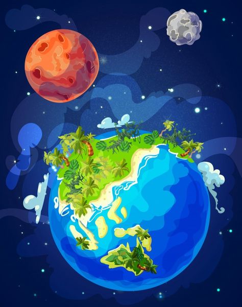 Cartoon Globe, Animated Earth, Stars In Space, Planet Vector, Space Doodles, Mars Planet, Earth Drawings, Space Vector, Space Icons