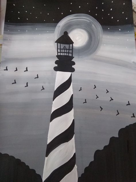 Achromatic Painting Ideas, Monochromatic Painting Easy, Monochromatic Art Painting, Monochromatic Painting, Kitty Aesthetic, Easy Mandala, Monochromatic Art, Easy Mandala Drawing, Lighthouse Painting