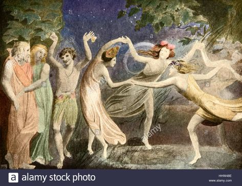 A Midsummer Night's Dream by William Shakespeare, Act IV Scene I - Oberon, Titania and Puck with fairies dancing, illustration Stock Photo Elf Dance, John Everett Millais, Fairies Dancing, Francisco Goya, William Blake, Midsummer Nights Dream, Estilo Art Deco, Art Uk, Norse Mythology