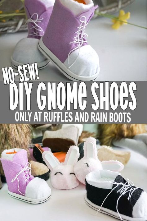 You can make the most adorable and structurally sound gnome shoes and boots for your creations. In this gnome pattern, you will find boots, booties, sneakers, and so much more. Grab it at ruffles and rain boots now. Ruffles And Rain Boots Gnome, How To Make Shoes For Gnomes, Gnome Shoes Diy, Gnome Shoes Diy Patterns, Gnomes Shoes, Dog Gnomes, Gnome Boots, Craft Gnomes, Gnome Accessories