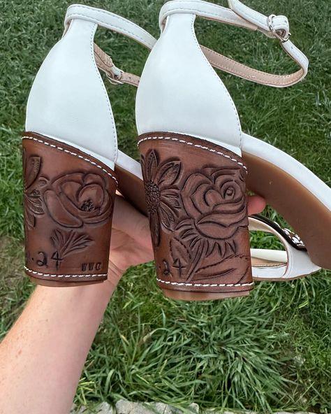 Sunflower, rose, and peony!! Orders yours today!! #western #leather #leathertools #leathertooling #tooledleather #tandy #tandyleather #highheels #heels #wedding Sunflower Heels, Western Wedding Shoes, Bathroom Decor Themes, Sunflower Wedding Bouquet, Leather Tooling Patterns, Western Shoes, Tooling Patterns, Tandy Leather, Heels Wedding