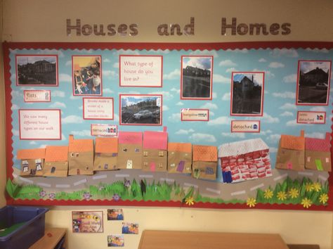 Houses display Eyfs Houses And Homes, Houses Eyfs Activities, Houses And Homes Eyfs, Journeys Eyfs, Houses And Homes Topic Ks1, Houses And Homes Ks1, Wall Display Ideas Ece, Where We Live Display Eyfs, Preschool Family Theme