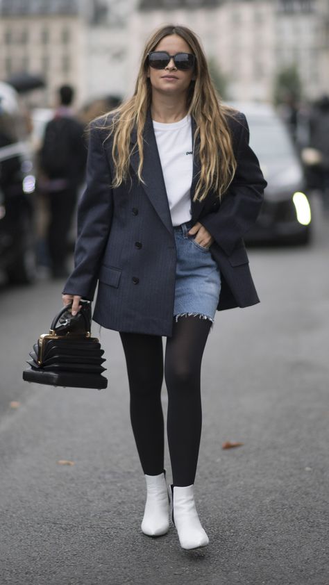 Wear Thick Black Tights With Your Distressed Denim Skirt Black Tights Outfit Fall, Stocking Outfit, Tights With Boots, Black Tights Outfit, Tights Outfits, Stockings Outfit, Fall Transition Outfits, Older Women Fashion, Distressed Denim Skirt