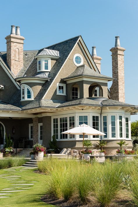 Ocean Front Elevation with Covered Porch, Raised Patio and Brick Chimneys  American  Architectural Details  Coastal  Shingle Style  TraditionalNeoclassical  Garden  Grounds  Patio  Rear Facade by Island Architects Shingle Style Architecture, Window Remodel, Chimney Design, Shingle House, Raised Patio, Brick Chimney, Shingle Style Homes, Kiawah Island, Front Elevation