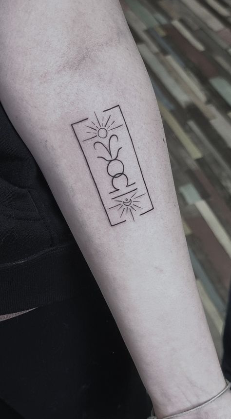 Horoscope tattoo of Aries Sun, Taurus Moon and Libra Rising in minimalist line art design Sun Rising Moon Sign Tattoo, Astrology Big Three Tattoo, Sun Moon And Rising Sign Tattoo, Rising Sun And Moon Tattoo, Aries Rising Tattoo, Libra Taurus Tattoo, Rising Sign Tattoo, Scorpio Rising Tattoo, Sun Moon And Rising Tattoo