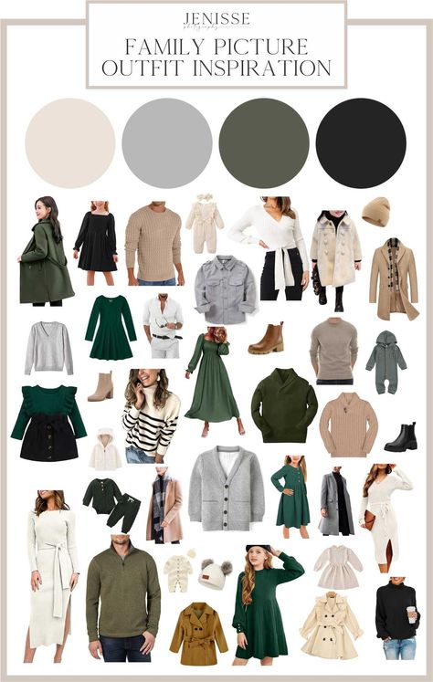 Fall and Winter Outfit Inspiration - Green and Neutrals Green Cream Family Pictures, Winter Color Family Pictures, Grey And Green Family Photo Outfits, Green Navy Cream Family Pictures, Neutral Colors For Family Pictures Winter, Winter Pictures Color Scheme, Fall Family Pictures Outfits Dark Green, Green Sweater Family Pictures, Green And Gray Family Picture Outfits