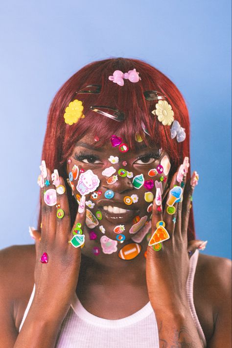 #photography #blackwomen # blackwomenphotoshoot #aesthticphptoshoot Childish Photoshoot, Crazy Photoshoot Ideas Weird, Lollipop Photoshoot Ideas, Maximalist Photoshoot, Playful Moodboard, Stickers Photoshoot, Retro Aesthetic Photoshoot, Sticker Photoshoot, Indiecore Aesthetic