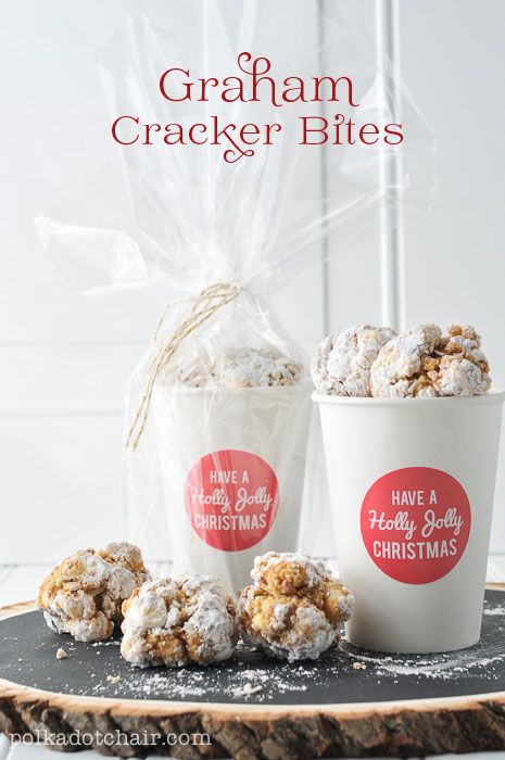 Recipe for Graham Cracker Bites  and a Free Printable "Have a Holly Jolly" Christmas Stickers, just print and stick to plain white paper cups for a simple way to package Christmas Sweets! Christmas Food Packaging, Cracker Treats, Cracker Bites, Cracker Recipe, Graham Cracker Recipes, Polka Dot Chair, Holiday Giveaways, Free Printable Gifts, Christmas Gift Tags Printable