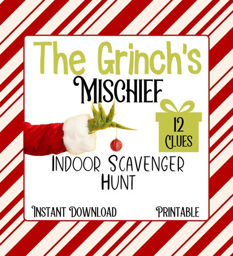 Grinch's Mischief Scavenger Hunt Printable - Christmas Treasure Hunt Bundle 🎄 Welcome to the Grinch's Mischief Scavenger Hunt, a festive Christmas treasure hunt that will fill your home with laughter, excitement, and holiday magic! This printable bundle is perfect for a snow day activity to turn any snowy day into a memorable adventure for your little ones. 🎁 What's Included: 🕵️ 12 beautifully crafted clue cards to challenge and delight. 📍 A detailed clue location guide, ensuring the scavenger hunt is a breeze to set up. 📜 Parent instructions for seamless guidance through the adventure. 💌 A special letter from Santa Claus, setting the stage for the Grinch's mischievous escapade. 🎨 A colorful comic strip to vividly bring the story to life, making the experience even more enchanting. Christmas Eve Kids Activities, Grinch Escape Room, Grinch Scavenger Hunt, Christmas Kid Games, Christmas Scavenger Hunt For Adults, Xmas Games For Kids, Scavenger Hunt Prizes, Classroom Grinch, Grinch Day Activities