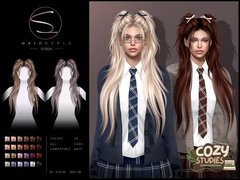 The Sims Resource - (Cozy Studies)Double ponytail hairstyle 010824 Sims 4 Resource Cc Clothes, Sims 4 Big Hair Cc, Sims 4 Long Hair Cc Alpha, Sims 4 Cc Pigtails, Sims 4 Ponytail, Sims 4 Long Hair Cc, Sims 4 Hairstyles, Straight Hair Highlights, 4 Hairstyles