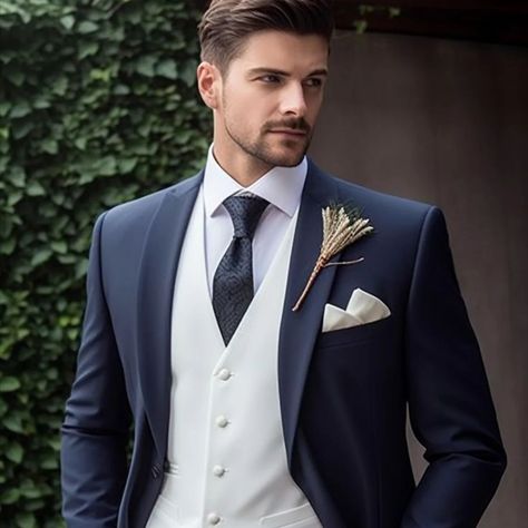 Fashion Navy Blue Wedding Suits For Men Slim Fit Groom Tuxedos 3 PCS Business Jacket+White 3 Pcs Suit Men Wedding, Blue Wedding Suits For Men, Groom Suits For Wedding, Blue Wedding Suits, Navy Blue Suit Wedding, Mens Navy Suit, Navy Suit Wedding, Wedding Suits For Men, Wedding Tux