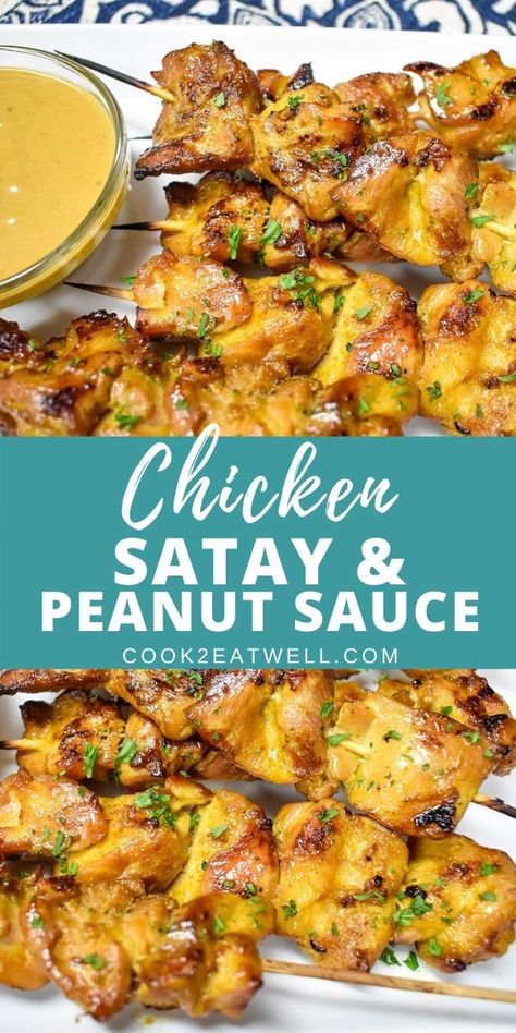 Chicken Satay With Peanut Sauce, Chicken Satay Recipe, Satay Recipe, Satay Sauce, Chicken Thigh Recipes Crockpot, Boneless Chicken Thigh Recipes, Chicken Satay, Chicken Dishes Recipes, Peanut Sauce