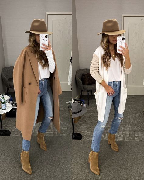 Fall Outfits With Booties Ankle Boots, Women’s Fedora Outfit, Brown Fedora Hat Outfit Fall, Fall Fedora Hat Outfit, Chic Fall Fedora, Marc Fisher Boots Outfit, Fall Hats For Women Outfits, Fall Outfits Hat Boho, Suede Booties Outfit