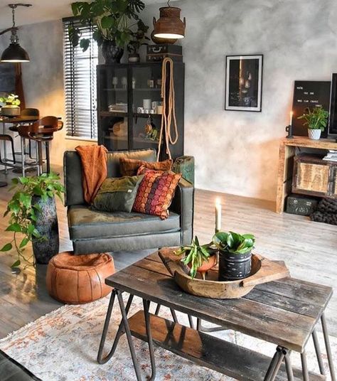 Modern Rustic Industrial Living Room, Best Living Room Ideas, Style Apartment, Bohemian Interior Design, Living Room Decor Colors, Vintage Industrial Decor, Decor Ikea, Industrial Livingroom, Industrial Living