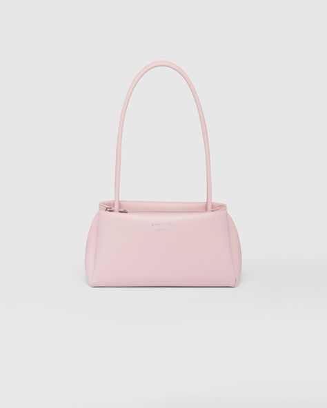 Alabaster Pink Leather Mini-bag | PRADA Prada Mini, Prada Milano, Pink Shoulder Bags, Metal Lettering, Aesthetic Bags, Small Leather Bag, Lettering Logo, Pink Handbags, Fancy Bags