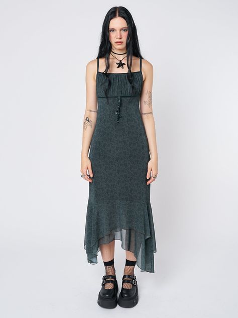 Dresses & Overalls Clothing for Women | Minga London Lettuce Hem Dress, Asymmetrical Ruffle Dress, 90s Mesh Dress, Layered Dress Outfit, Layered Maxi Dress, Minga London, Grunge Y2k, Grunge Dress, Cami Maxi Dress