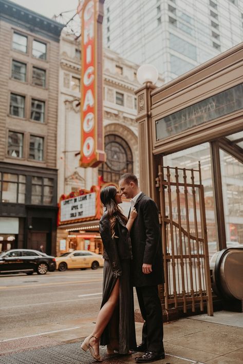 Theater Photoshoot, Chicago Engagement Pictures, Chicago Lifestyle, Chicago Theater, Winter Engagement Pictures, Chicago Riverwalk, Chicago Engagement Photos, City Wedding Photos, Chicago Pictures