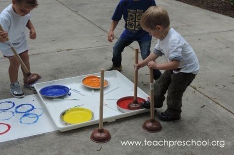 Take the Plunge and try Plunger Painting! by Teach Preschool Large Motor Art Activities, Teach Preschool, Outdoor Play Area, Plungers, Preschool Arts And Crafts, Painting Activities, Outdoor Classroom, Community Helpers, Body Strength