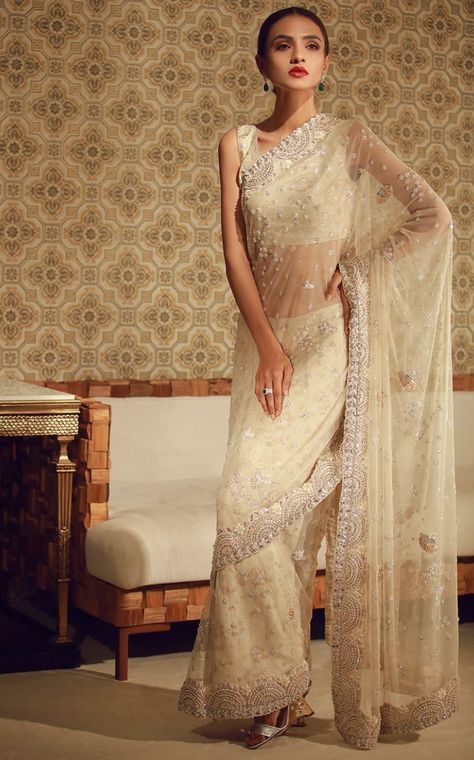 Applique Saree, Tena Durrani, Net Skirt, Sequin Blouse, Eid Dresses, Soft Tulle, Eid Collection, White Chiffon, Work Sarees