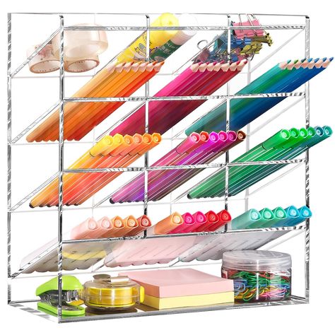 PRICES MAY VARY. 📝【DESK ORGANZIER】- This desktop organizer offers ample storage space and will surprise you with its capacity. It is suitable for storing markers, makeup, pens, pencils, office supplies, art supplies, and more. 📐【SAVE 80% SPACE】- The marker organizer with a vertical design can effectively create more space on your desk. It accommodates approximately 15 pen holders, yet it only takes up the space of about 3 pen holders. The product dimensions are 10.2 * 9.8 * 3.9 inches. This or Cricut Office Supplies, Desk Crayon Storage, Art Desk Organizers, Ikea Stationery Organiser, Alex Desk Organizer, Cheap Organizers For Back To School Storage, Cheap Craft Supplies With Pen Slots, Must Buy Art Supplies, Really Useful Boxes® 7 Drawer Rainbow Desktop Organizer