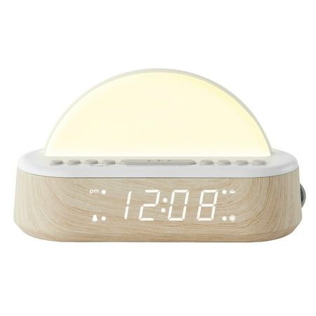 The Wake-Up Alarm Clock has Sunrise Wake up Light and Sunset light for going to sleep. It also features mood lighting with light effects such as multiple colors at once. There is a timer for the mood light effects so you can rest easily knowing the lights will dim as you fall asleep. There are 5 tranquil sounds that can be heard through a clear speaker. The dimmers give you access to the clock display and the light diffuser. The clock cabinet is a beautiful natural wood finish. The battery backu Sunlight Alarm Clock, Alarm Clock Sunrise, Cute Digital Clock, Cute Alarm Clocks, Alarm Clock Aesthetic, Clear Speaker, Sunrise Clock, Uni Lifestyle, Flip Alarm Clock