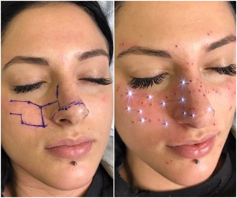 Dots On Face, Piercing No Rosto, Makeup Artist Tattoo, Tattooed Freckles, Facial Markings, Kadeřnické Trendy, Shape Tattoo, Zodiac Sign Tattoos, Constellation Tattoos