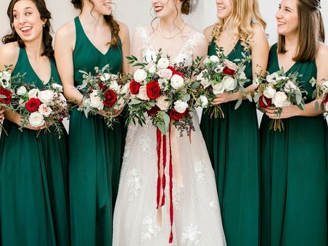 Emerald green bridesmaid dresses and red bouquets for Christmas inspired wedding Christmas Inspired Wedding, Teal And Grey Wedding, Red Bouquets, Christmas Wedding Themes, Evergreen Wedding, Christmas Wedding Inspiration, Emerald Green Bridesmaid Dresses, Hampton Virginia, Winter Bridesmaid Dresses