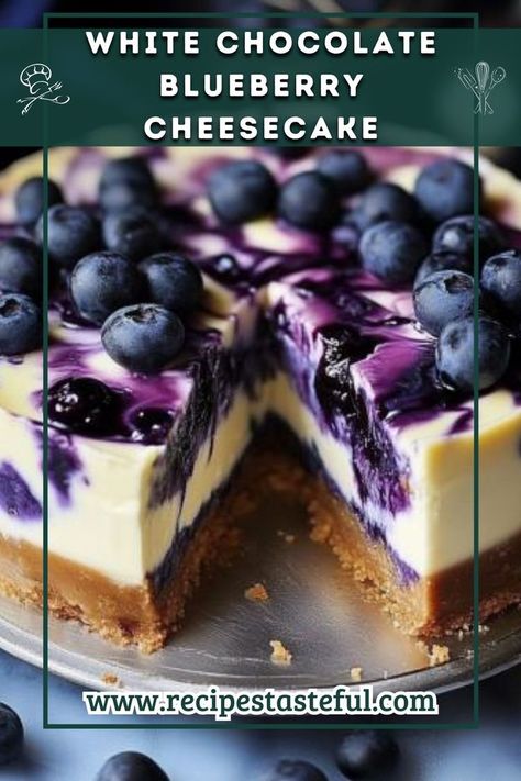 This White Chocolate Blueberry Cheesecake is a delightful combination of creamy white chocolate and tangy blueberry puree, set on a buttery graham cracker crust. The marbled effect makes it as beautiful to look at as it is to eat, perfect for special occasions or a luxurious dessert at home! White Chocolate Blueberry Cheesecake, Chocolate Blueberry Cheesecake, Blueberry Puree, Marble Cheesecake, Blueberry Cheesecake Recipe, Chocolate Blueberry, White Chocolate Cheesecake, Blueberry Cheesecake, Graham Cracker Crust