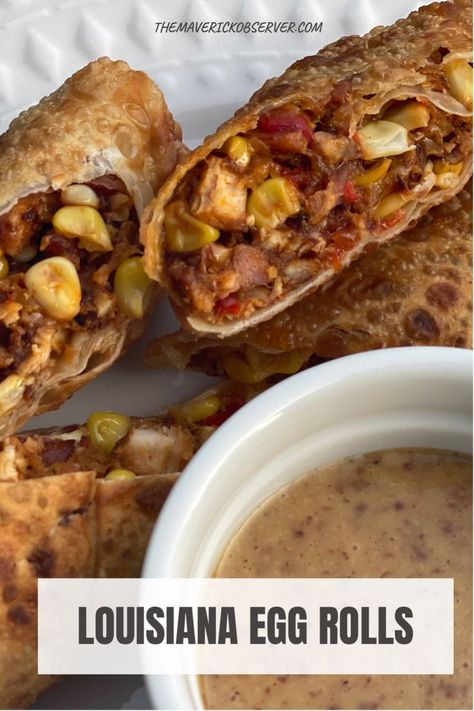 Cajun Chicken Egg Rolls, Spicy Chicken Egg Rolls, Cajun Street Food, Cajun Egg Rolls, Cajun Appetizers Louisiana Finger Foods, Boudin Eggroll Recipe, Voodoo Egg Rolls Recipe, Boudin Egg Rolls, Cajun Recipes Louisiana Authentic