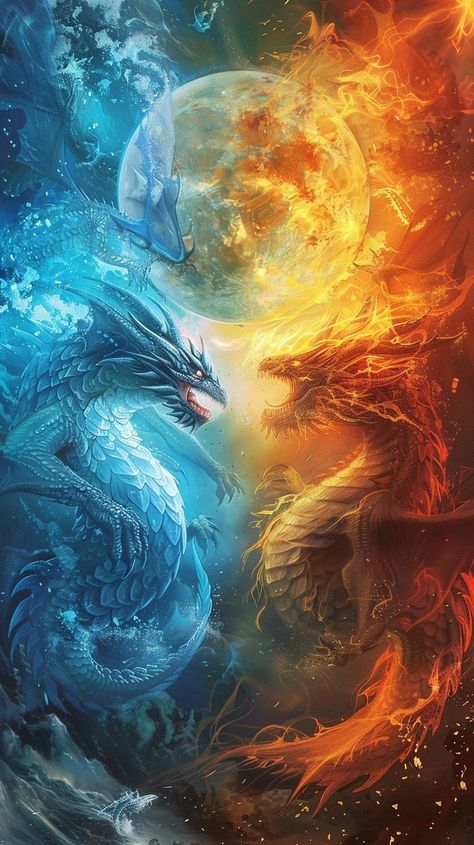 Fire dragon surrounded by flames, ice dragon surrounded by frost, warm colors for fire, cool colors for ice, dragons in dynamic poses, sun and moon in the background, Earth between them, style of a novel cover Fire And Ice Dragons, Frost Dragon, Earth Dragon, Dragon Lady, Fire Cover, Dragon Wallpaper Iphone, Dragon Wallpaper, Novel Cover, Ice Dragon