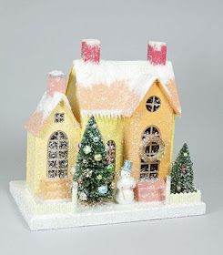 Mod Vintage Life: More Putz Houses Putz House, Christmas Village Houses, Pressed Paper, Brush Trees, Glitter Houses, Cardboard House, Putz Houses, Christmas Town, House Ornaments