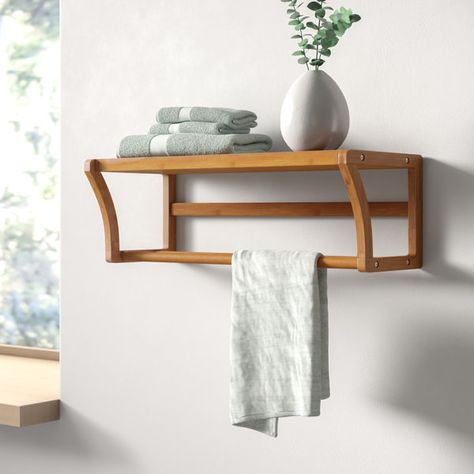 Bay Isle Home Larock Wall Shelf & Reviews | Wayfair.ca Slatted Wall, Wall Shelf Wood, Bathroom Shelf With Hooks, Shelf With Towel Bar, Accent Shelf, Shelf With Hooks, Wood Sink, Diy Blanket Ladder, Bamboo Bathroom