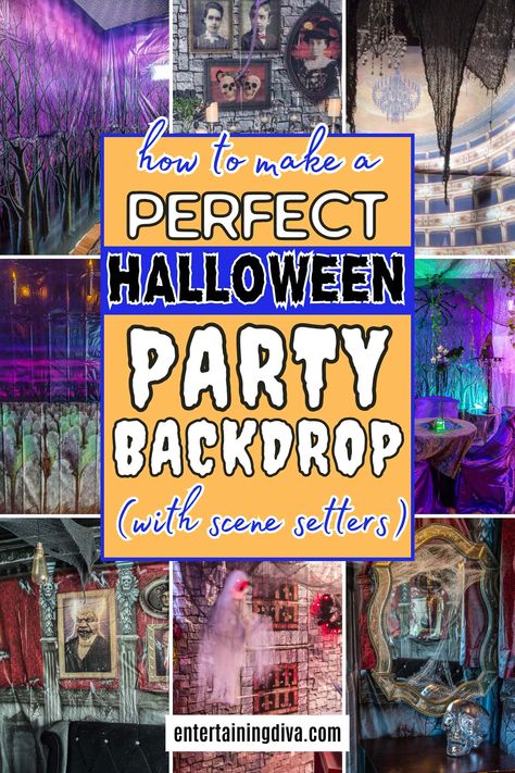 How To Make A Perfect Halloween Party Backdrop With Scene Setters Halloween Backdrop Ideas, Diy Halloween Bottles, Halloween Scene Setters, Halloween Forest, Halloween Party Backdrop, Halloween Party Drinks, Spooky Forest, Halloween Haunted House Decorations, Perfect Halloween Party