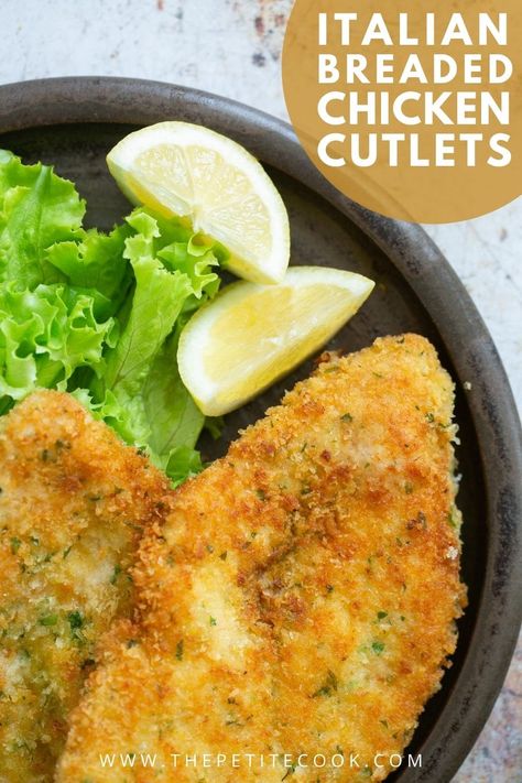 Loved by kids and grown-ups, Italian breaded chicken cutlets (cotolette di pollo) are crispy on the outside and tender and juicy on the inside, and ready in under 30 minutes! #chicken #italian #quickdinner Breaded Chicken Cutlets Baked, Italian Breaded Chicken, Italian Chicken Cutlets, Baked Breaded Chicken Breast, Panini Bread, Baked Chicken Cutlets, Chicken Italian, Baked Breaded Chicken, 30 Minute Meals Healthy